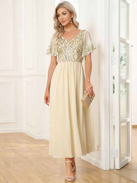 Elegant A-Line V Neck Mother of the Bride Dress with Short Ruffles Sleeves