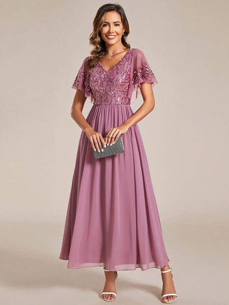 Elegant A-Line V Neck Mother of the Bride Dress with Short Ruffles Sleeves