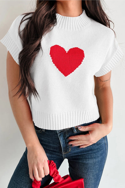 Women's Short Sleeve White Heart Graphic Cropped Sweater