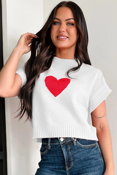 Women's Short Sleeve White Heart Graphic Cropped Sweater