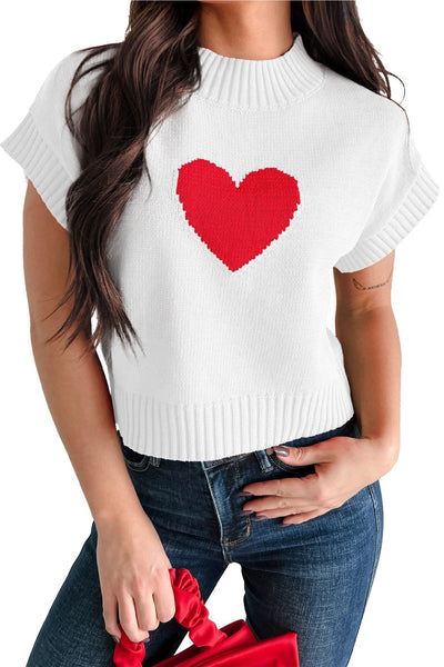 Women's Short Sleeve White Heart Graphic Cropped Sweater