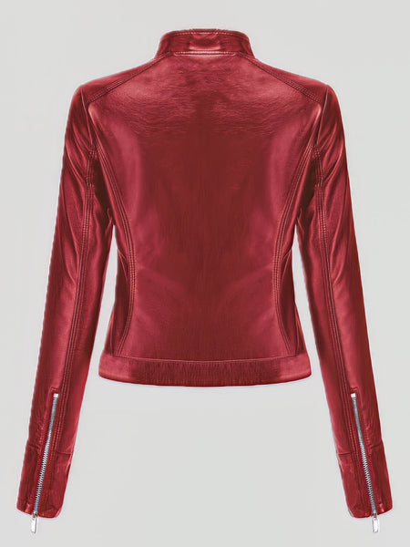 Short Stand-Up Collar Zipped Leather Jacket