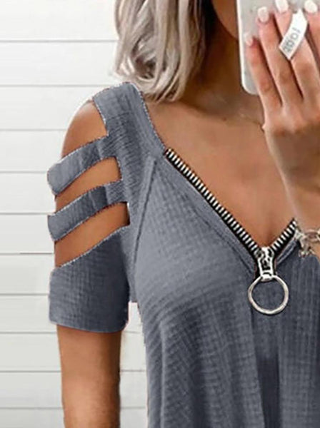 Shoulder Cutout Sleeve Zip Front Plaid Top