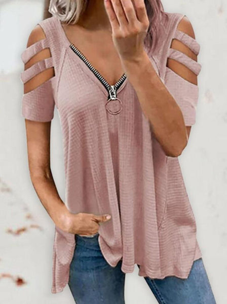 Shoulder Cutout Sleeve Zip Front Plaid Top