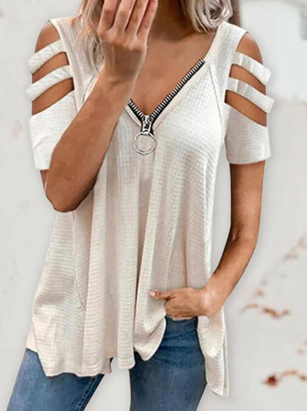 Shoulder Cutout Sleeve Zip Front Plaid Top