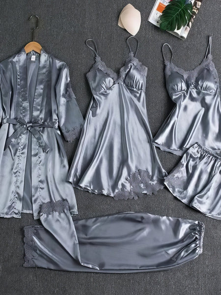 5-Piece Satin Pajama Set with Lace with practical styling and dependable silhouette control.