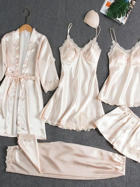 Women's Blush Satin and Lace 5-Piece Pajama Set
