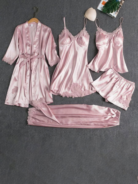 Elegant Satin Pajama Set with Black Lace