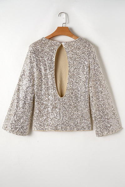 Women's Silver Sequin Puff Sleeve Blouse with Cutout Back
