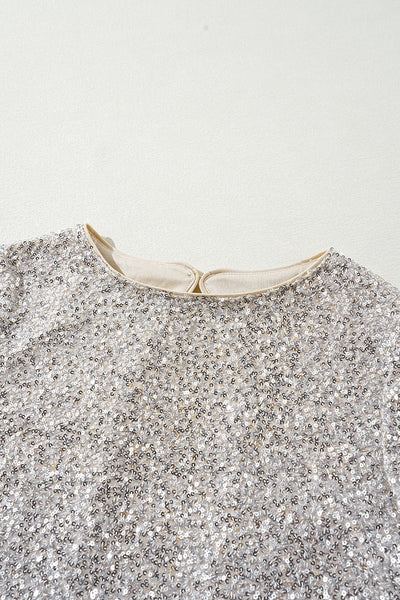 Women's Silver Sequin Puff Sleeve Blouse with Cutout Back