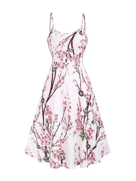 Simple Casual Two-piece Set, Solid Tucked Tops & Floral Print Spaghetti Strap Dress, Women's Outfit
