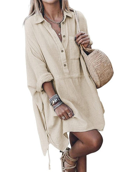 Simple Drawstring Waist Casual Shirt Dress In Off-White Color