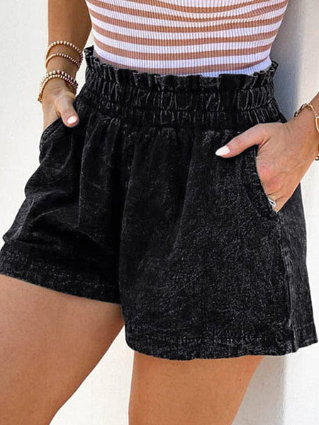 Simple High Waist Denim Women'S Shorts In Solid Black Color