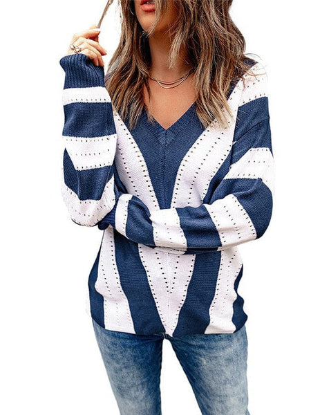 Simple Striped Knit Outerwear For Women With Long Sleeves And Contrast Bottom Detail