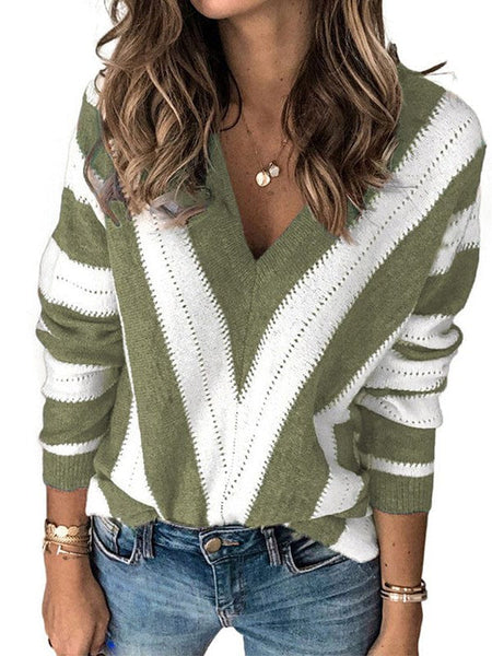 Simple Striped Knit Outerwear For Women With Long Sleeves And Contrast Bottom Detail