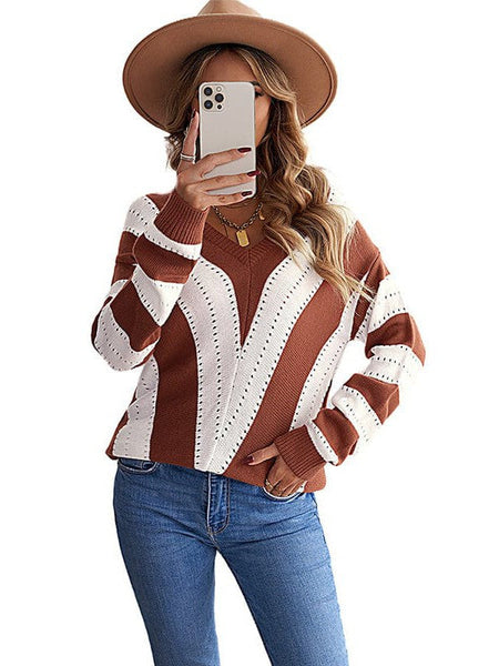 Simple Striped Knit Outerwear For Women With Long Sleeves And Contrast Bottom Detail