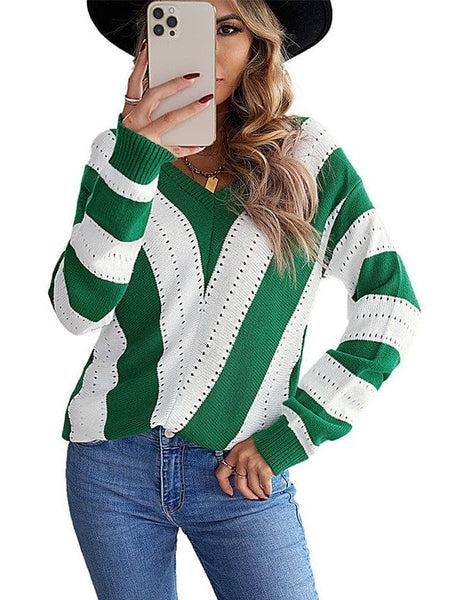 Simple Striped Knit Outerwear For Women With Long Sleeves And Contrast Bottom Detail