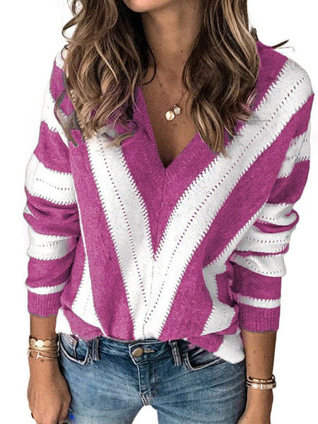 Simple Striped Knit Outerwear For Women With Long Sleeves And Contrast Bottom Detail