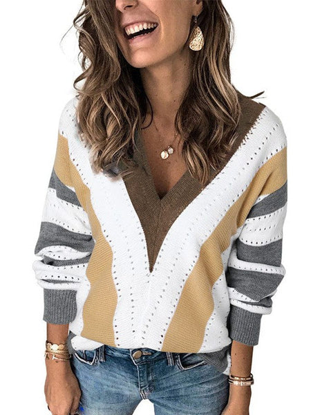 Simple Striped Knit Outerwear For Women With Long Sleeves And Contrast Bottom Detail