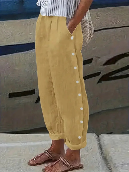 Simple Wide Leg Pants with Side Button Detail, Casual Women's Clothing