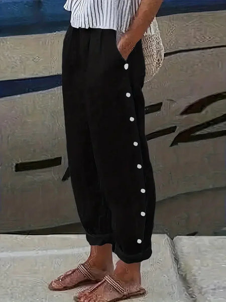 Simple Wide Leg Pants with Side Button Detail, Casual Women's Clothing