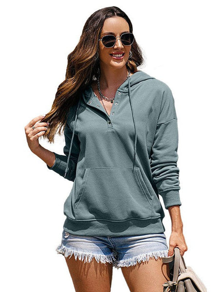 Women's Cotton Henley Button Hoodie Sweatshirt