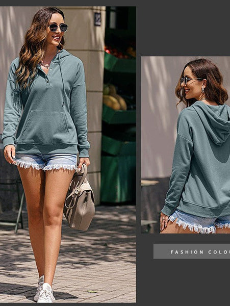 Women's Cotton Henley Button Hoodie Sweatshirt