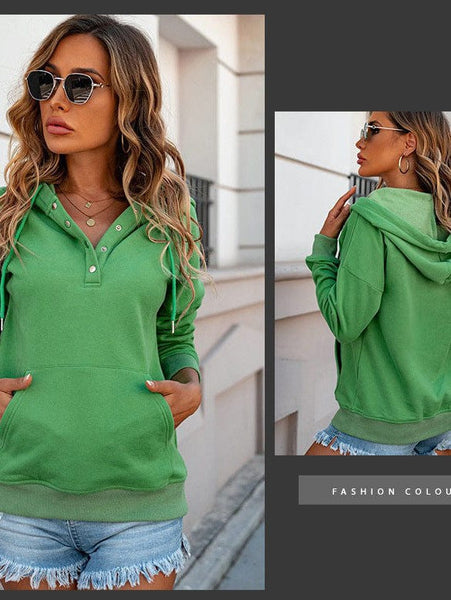 Women's Cotton Henley Button Hoodie Sweatshirt
