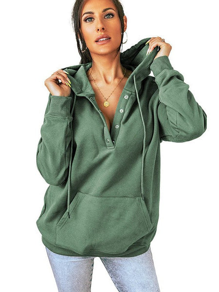 Women's Cotton Henley Button Hoodie Sweatshirt