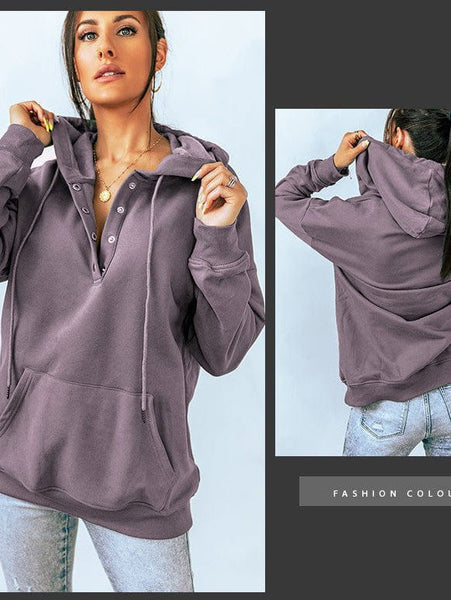 Women's Cotton Henley Button Hoodie Sweatshirt