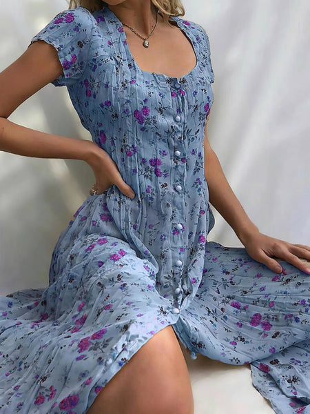 Women's Single Breasted Floral Short Sleeve Dress