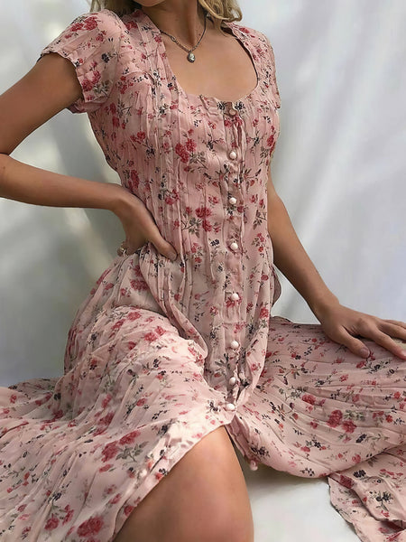 Women's Single Breasted Floral Short Sleeve Dress