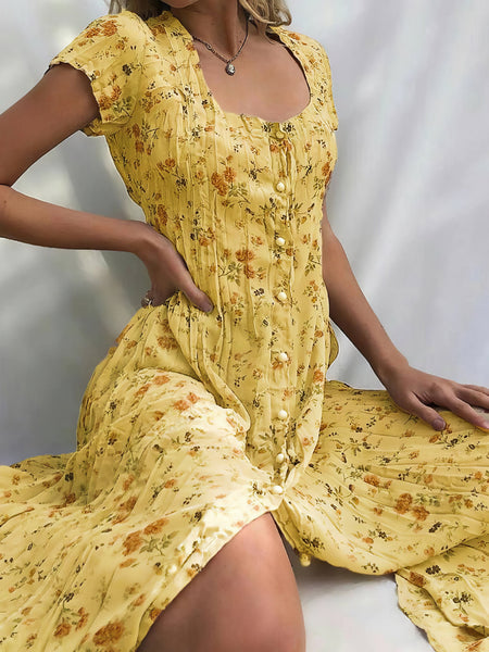Women's Single Breasted Floral Short Sleeve Dress