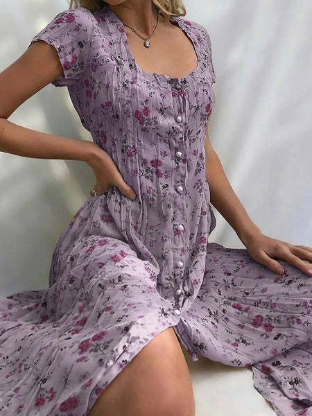Women's Single Breasted Floral Short Sleeve Dress
