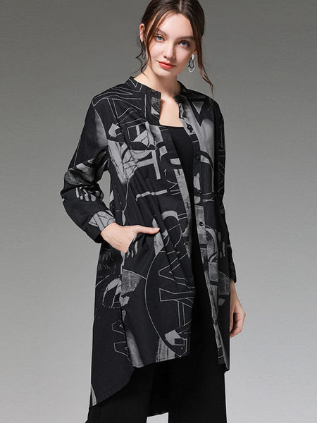 Women's Size Curve Blouses Stand Collar Fashion Printed Long Sleeve Blouse
