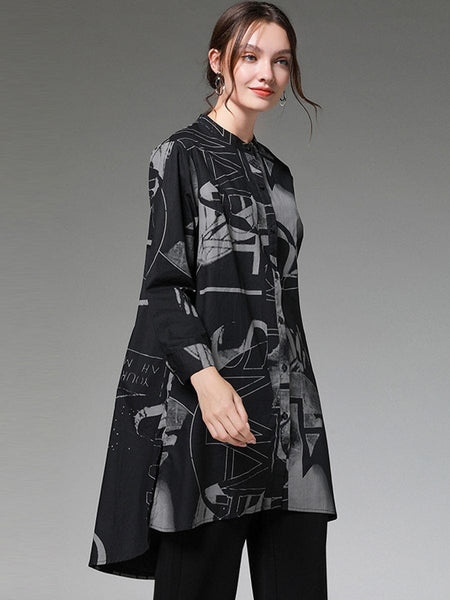 Women's Size Curve Blouses Stand Collar Fashion Printed Long Sleeve Blouse