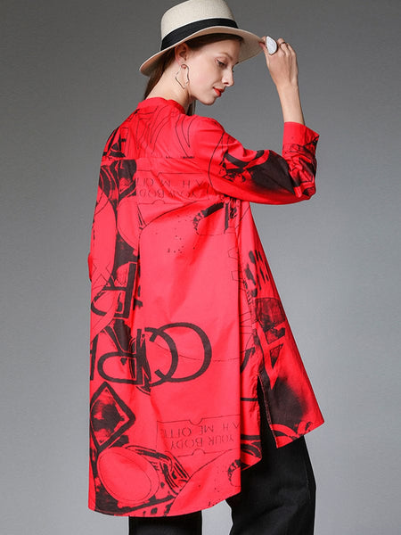 Women's Size Curve Blouses Stand Collar Fashion Printed Long Sleeve Blouse
