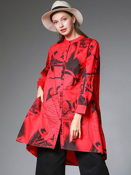 Women's Size Curve Blouses Stand Collar Fashion Printed Long Sleeve Blouse