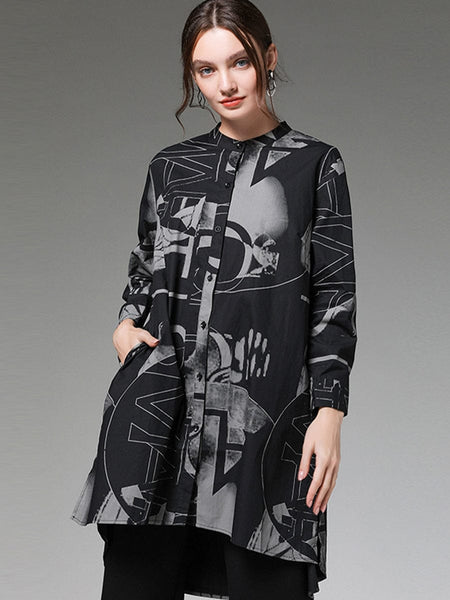 Women's Size Curve Blouses Stand Collar Fashion Printed Long Sleeve Blouse