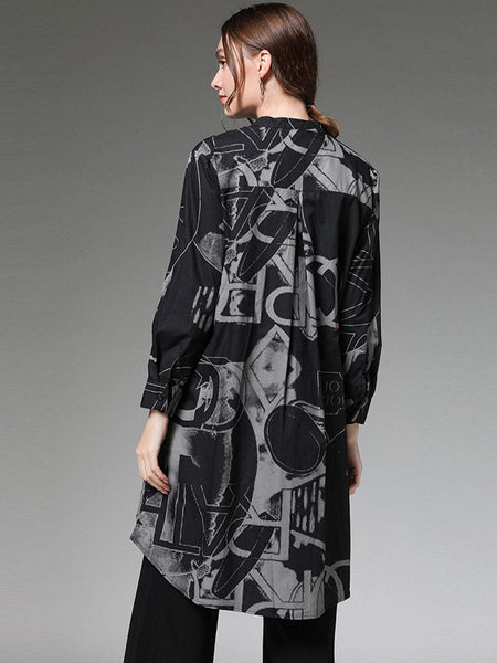 Women's Size Curve Blouses Stand Collar Fashion Printed Long Sleeve Blouse