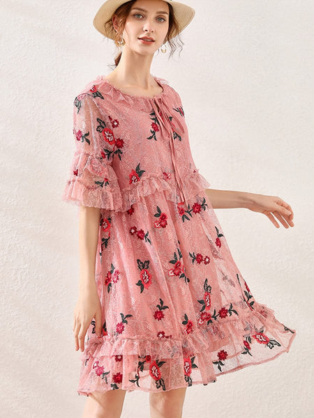 Size Curve Dresses Lace Embroidery Slimming Mini Dress