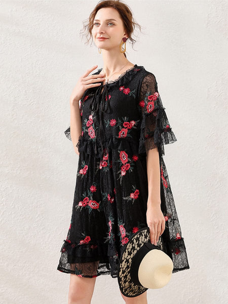Size Curve Dresses Lace Embroidery Slimming Mini Dress