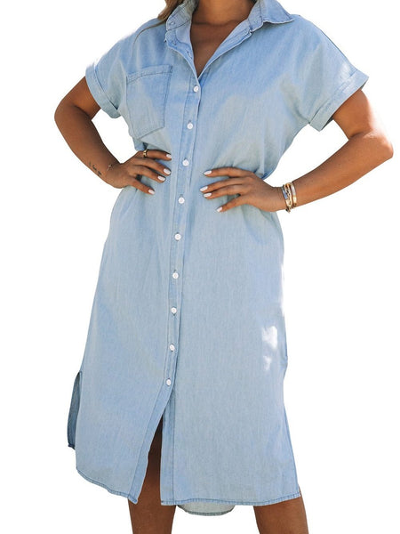 Button Solid Color Lapel Short Sleeve Blouse
