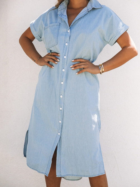 Button Solid Color Lapel Short Sleeve Blouse