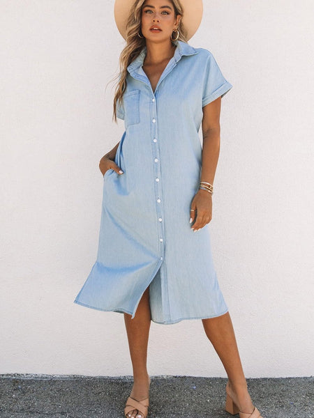 Women's Sleeveless Ruffle Dress with Lapel Button