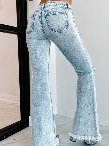 Women's Acid Wash Distressed High-Rise Flare Jeans