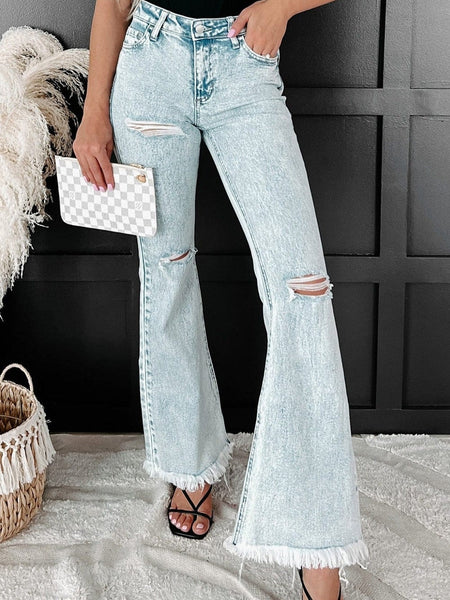 Women's Acid Wash High-Rise Flare Denim Jeans in Vintage Light Blue