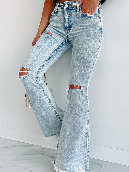 Women's Acid Wash High-Rise Flare Denim Jeans in Vintage Light Blue