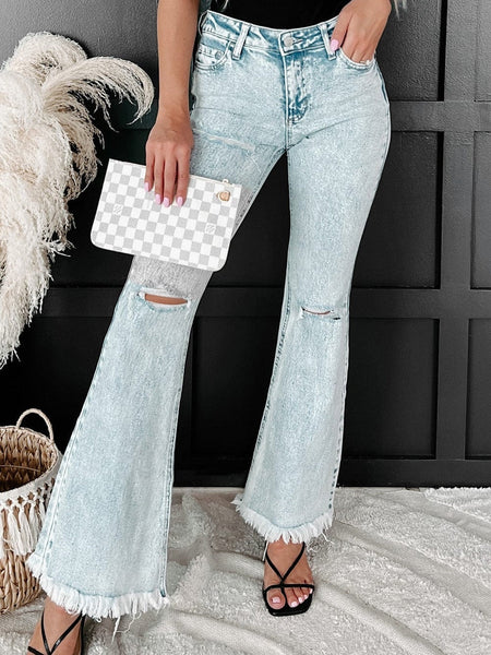 Women's Acid Wash High-Rise Flare Denim Jeans in Vintage Light Blue