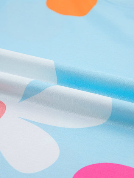 Sky Blue Floral Print Puff Sleeve T-shirt